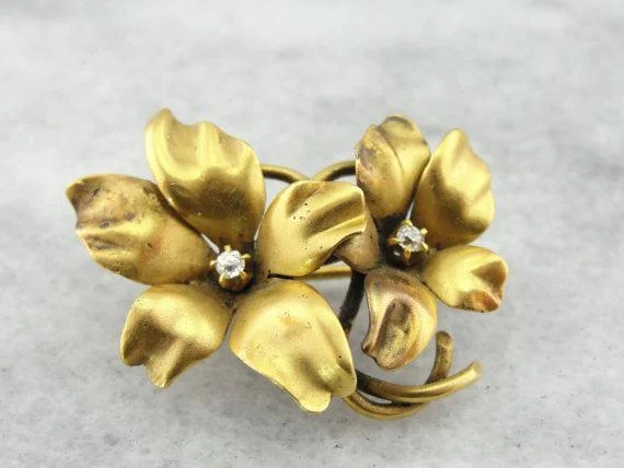 Small Brooch-Diamond Hand Formed Double Flower Brooch