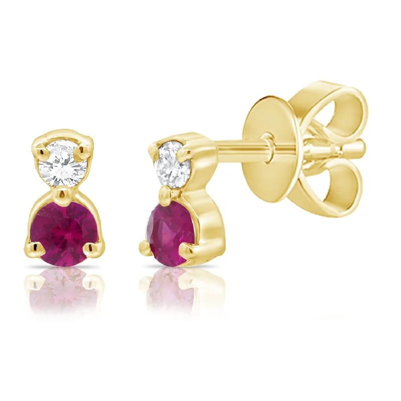 Classic Pearl Earrings-Brilliant Cut Ruby & Diamond Stud Earrings in 14K Gold