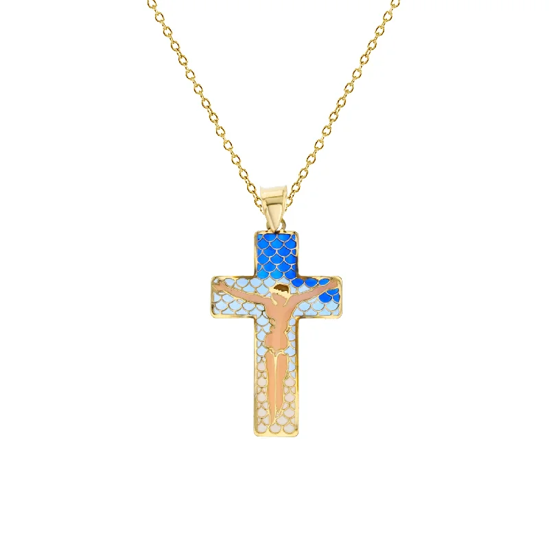 Large Pendant Necklace with Silver Chain-Enameled-Sky Blue Crucifix Necklace (14K)