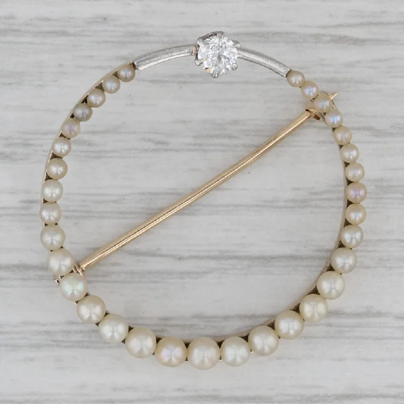 Handmade Brooch-Vintage Pearl Diamond Circle Brooch 14k Yellow White Gold Pin