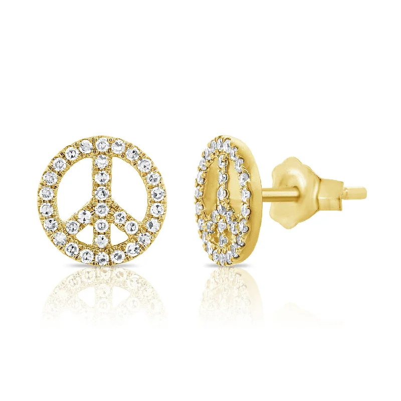 Trendy Long Earrings-14K Gold Peace Sign Studs with Diamonds