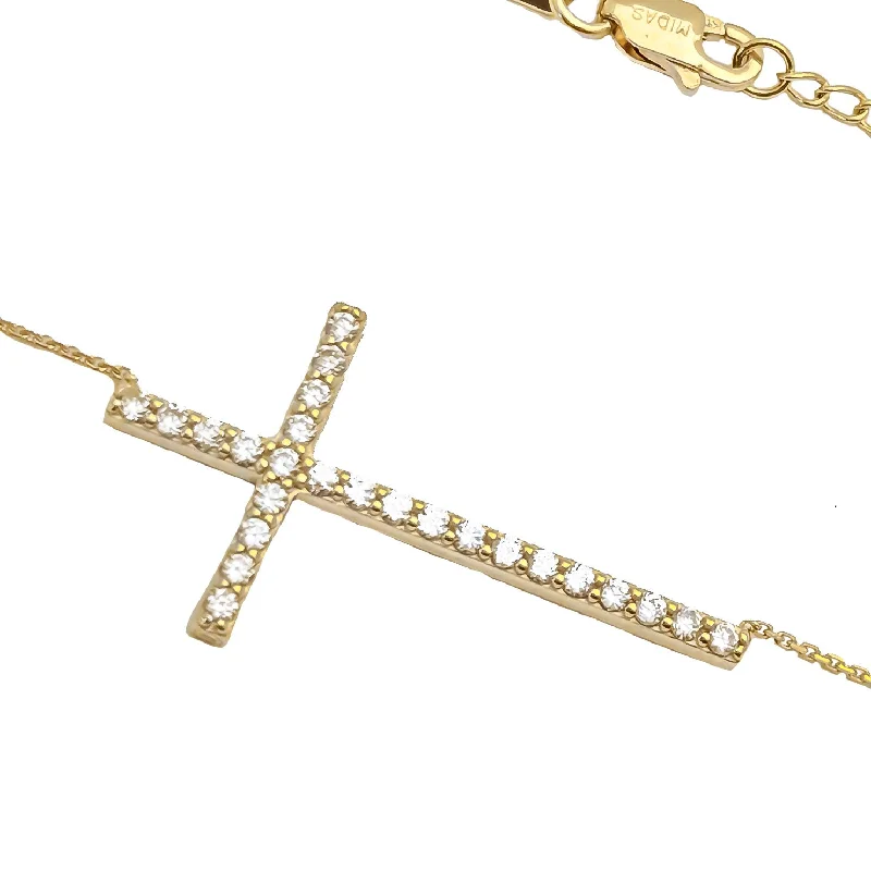 Long Pearl Necklace for Weddings-Horizontal Cross Necklace (14K)