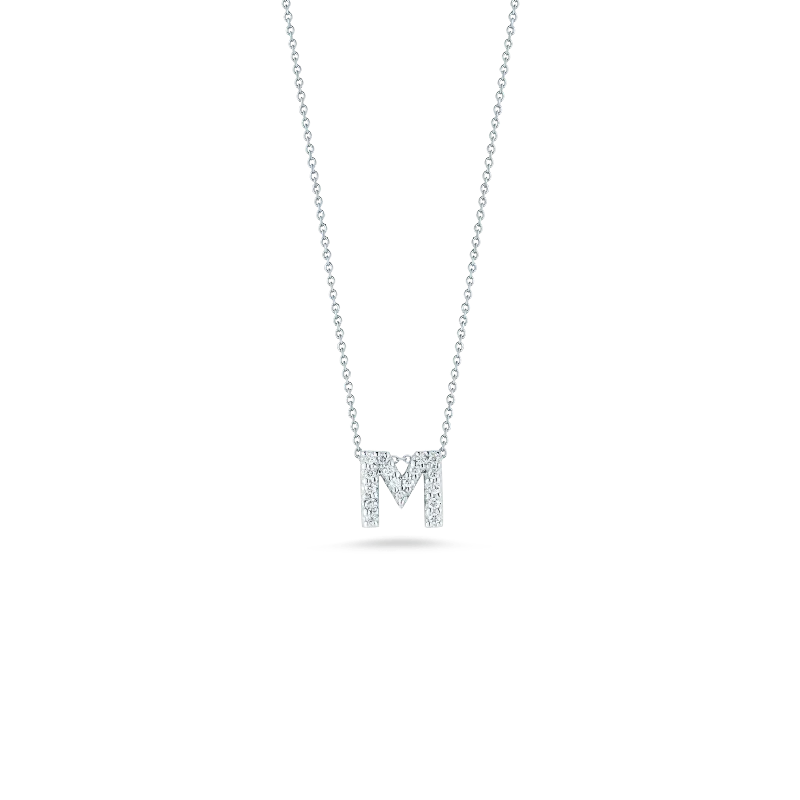 Designer Gold Necklace for Wedding Day-18K White Gold Tiny Treasures Diamond Love Letter "M" Pendant