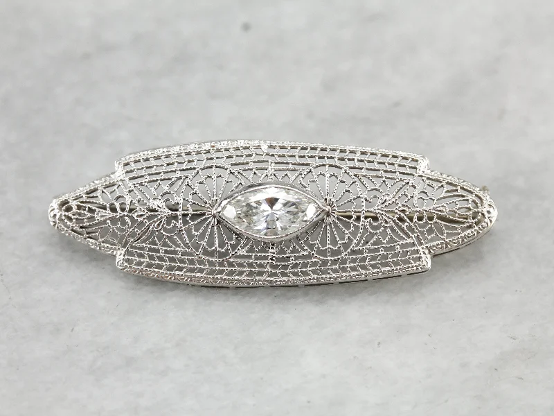 Brooch For Suits-Outstanding Filigree Brooch with One Carat Diamond Center, Art Deco Finery