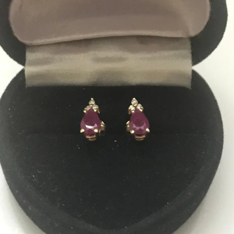 Double Drop Earrings-14kt Solid Yellow Gold Ruby &  Diamond Earrings Pear Shaped Rubies