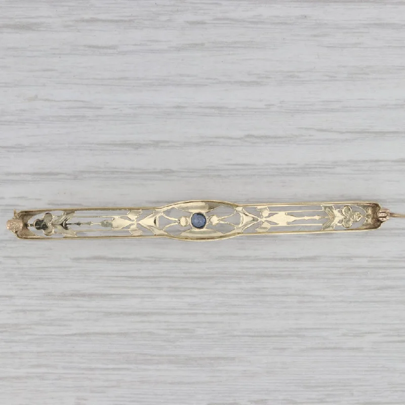 Cat Brooch-Art Deco Floral Blue Sapphire Cultured Pearl Bar Pin 14k Yellow Gold Brooch