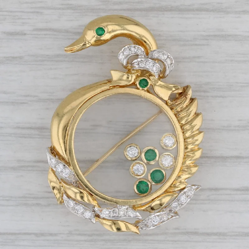 Exotic Gemstone Brooch-0.50ctw Floating Emerald Diamond Goose Brooch Pendant 18k Yellow Gold