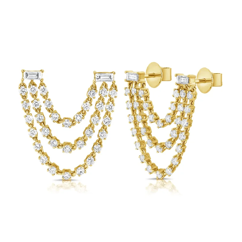 Stunning Silver Earrings-Draped Diamond Stud Earrings with Triple chain in 14kt Gold