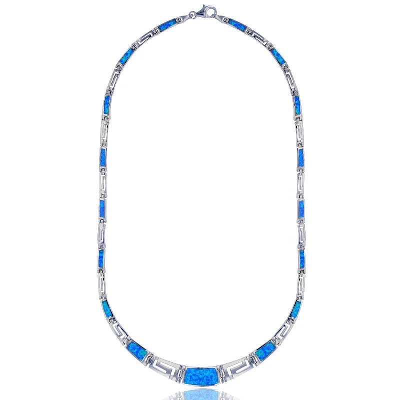 Luxury Silver Necklace with Colored Stones-Blue Opal Graduated Necklace (Silver)