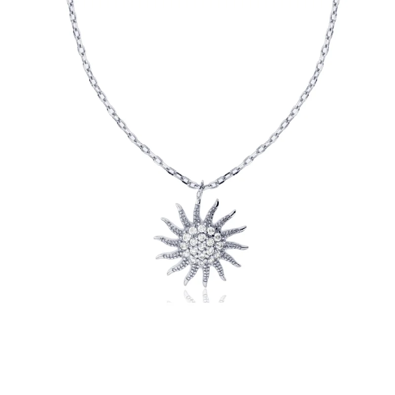 Sparkling Diamond Necklace with Emerald Accents-Sun Necklace (Silver)