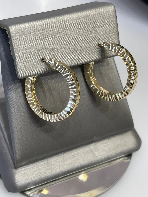 Black Gemstone Earrings-14K YELLOW GOLD HAMMERED FINISH HOOP EARRINGS