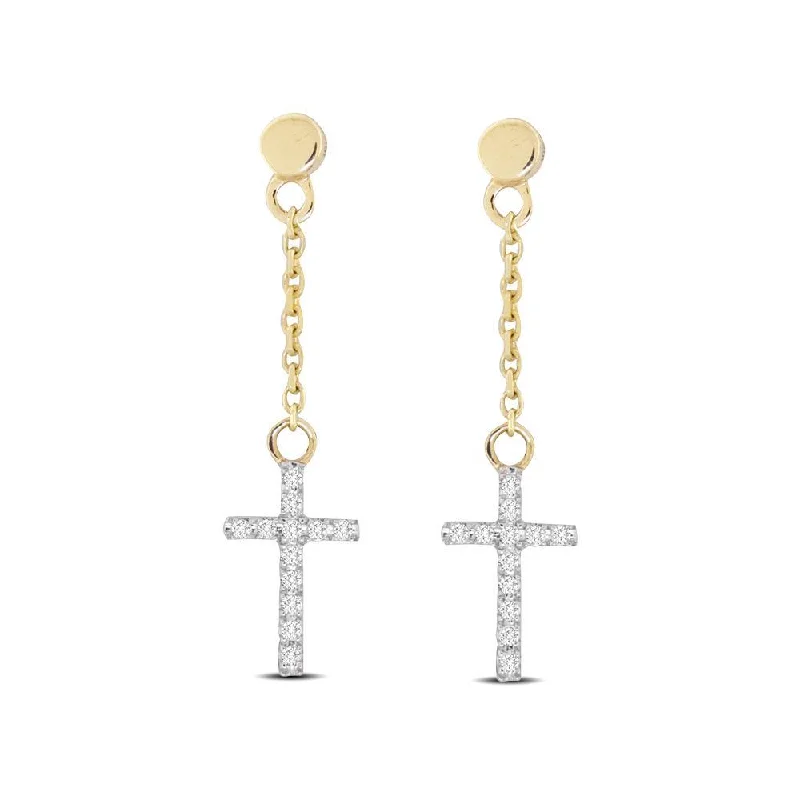 Floral Drop Earrings-10K Yellow Gold 1/20 Ct.Tw.Diamond Cross Dangler Earrings