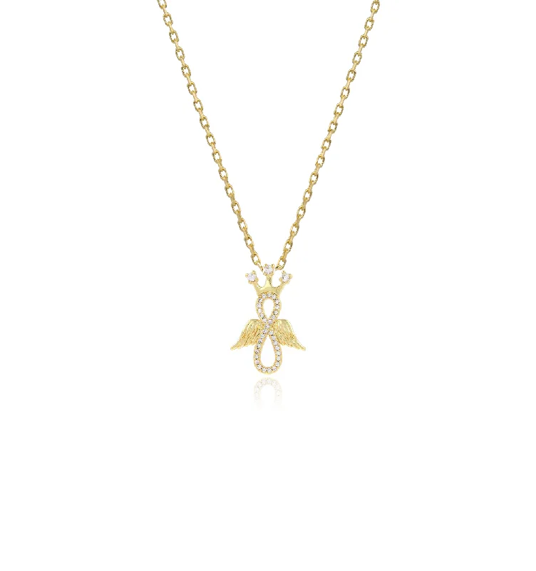 Classic Gold Necklace with Birthstone Pendant-Zirconia Crown Winged Infinity Necklace (14K)