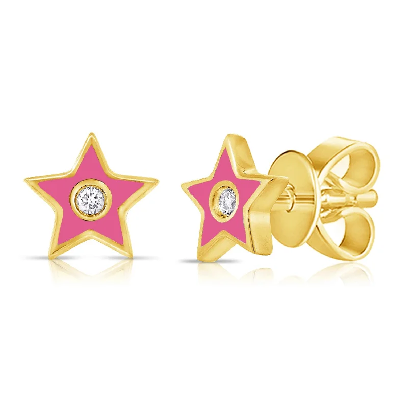 Hoop Earrings with Gemstones-Pink Enamel & Diamond Mini Star Studs made in 14Kt Gold