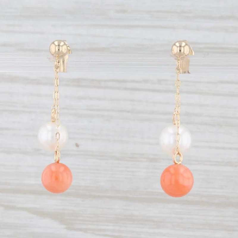 Artistic Earrings for Girls-Vintage Cultured Pearl Coral Bead Dangle Earrings 14k Yellow Gold Pierced Drops