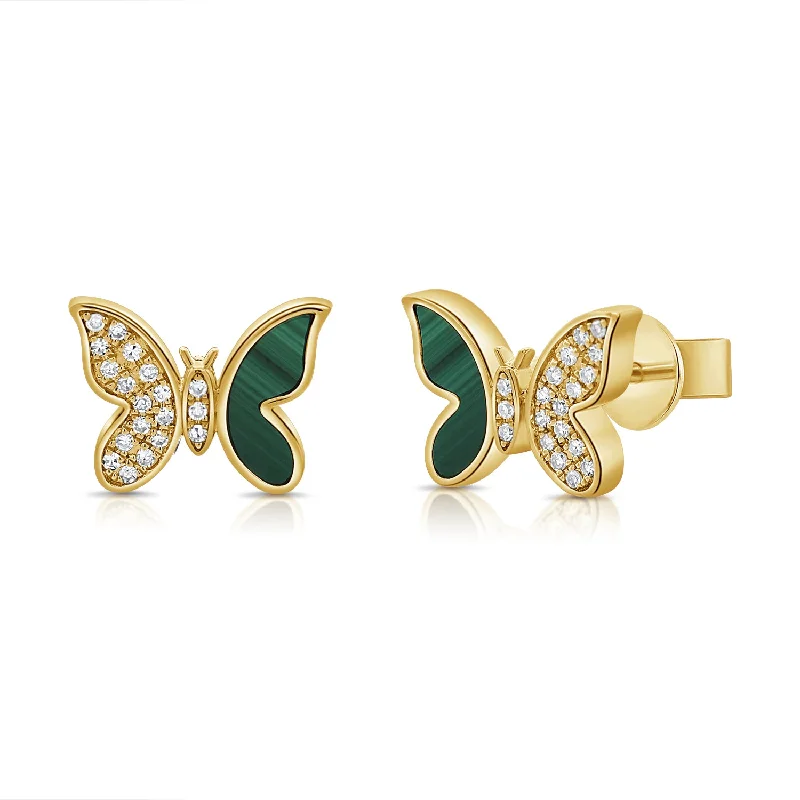 Light Crystal Earrings-Enchanting Butterfly Stud Earrings in 14K Gold with Malachite and Diamonds