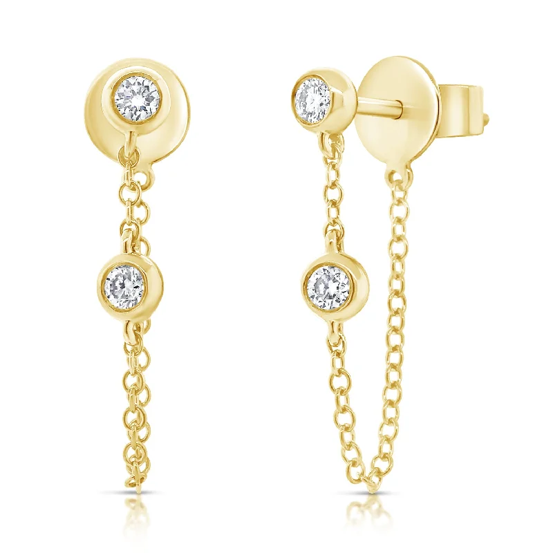 Trendy Gold Earrings-Diamond Bezel & Chain