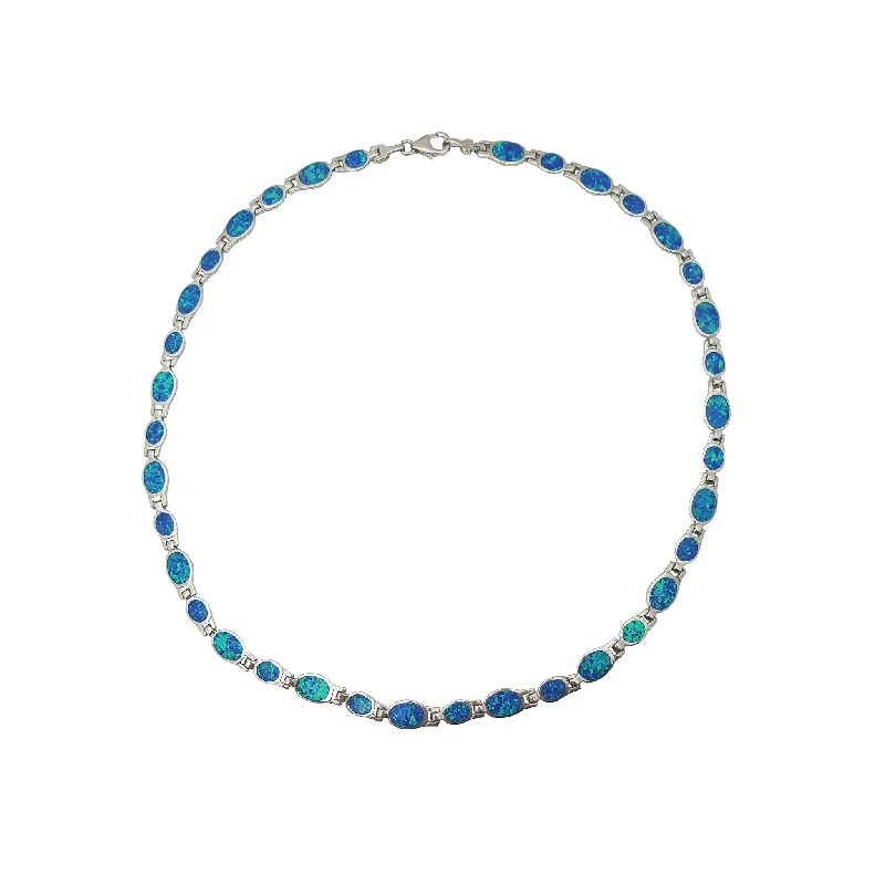 Elegant Gemstone Necklace with Silver Chain-Blue Oval Opal Necklace (Silver)