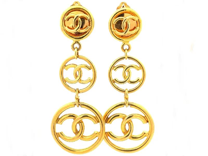 Long Statement Earrings-CHANEL Vintage Three Tier CC Logo Charm Long Dangle Drop Earrings