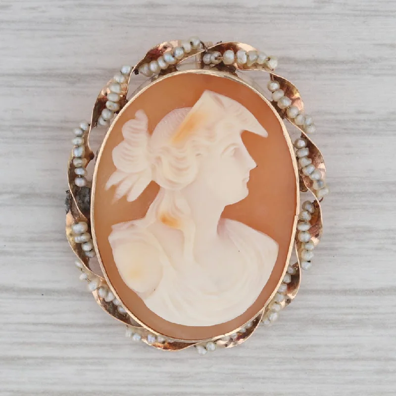 Brooch Pins-Vintage Carved Shell Cameo Pearl Brooch Pendant 10k Yellow Gold Pin