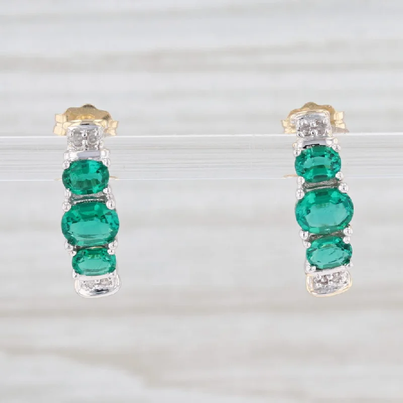 Natural Gemstone Earrings for Women-1.02ctw Synthetic Emerald Diamond J-Hook Earrings 10k Gold 3-Stone Journey