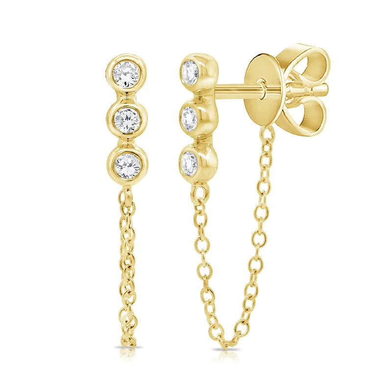 Classic Diamond Earrings-Bezel Set 3 Diamond Stud Earrings with chain detail in 14kt Gold