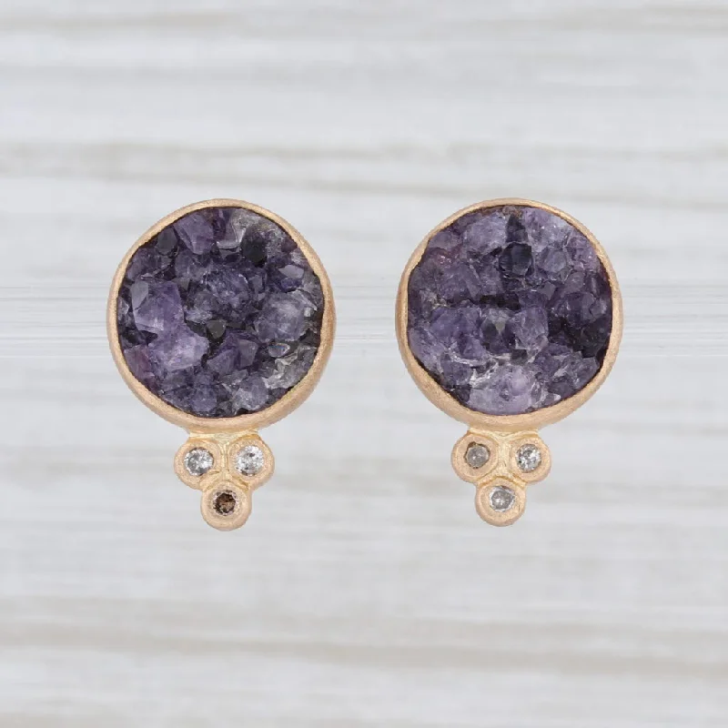 Crystal Diamond Earrings-New Nina Nguyen Amethyst Druzy Diamond Earrings 18k Yellow Gold Studs