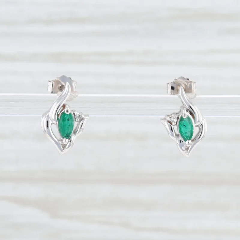 Bridal Earrings with Crystals-New 0.26ctw Emerald Diamond Stud Earrings 14k White Gold May Birthstone Marquise