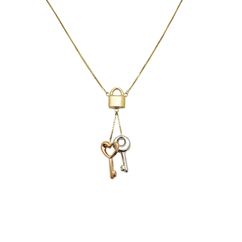 Designer Necklace with Large Crystal Pendant-Tri-color Lock & Keys Charm Necklace (14K)