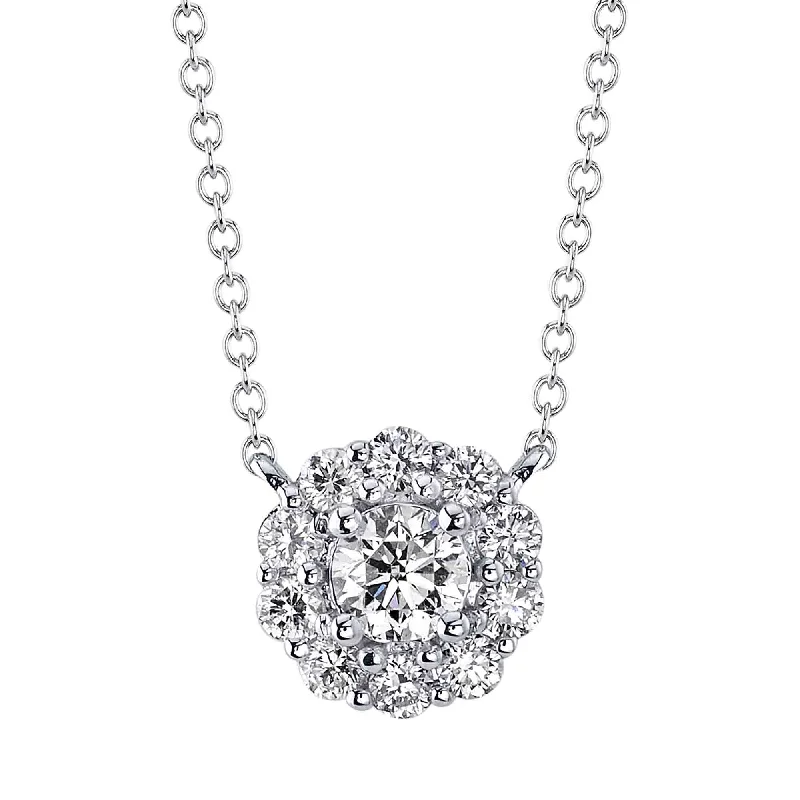 Classic Pendant Necklace for Bridesmaids-White Gold Diamond Halo Pendant Necklace