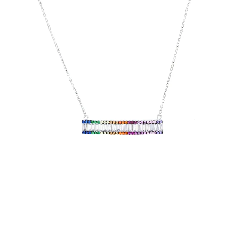 Trendy Beaded Necklace for Women-Multicolor Cz Bar Necklace (14K)