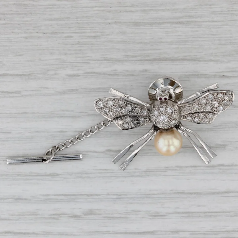 Bold Brooch-Vintage Flying Bug Brooch 0.44ctw Diamond Cultured Pearl Tie Tac Pin Platinum