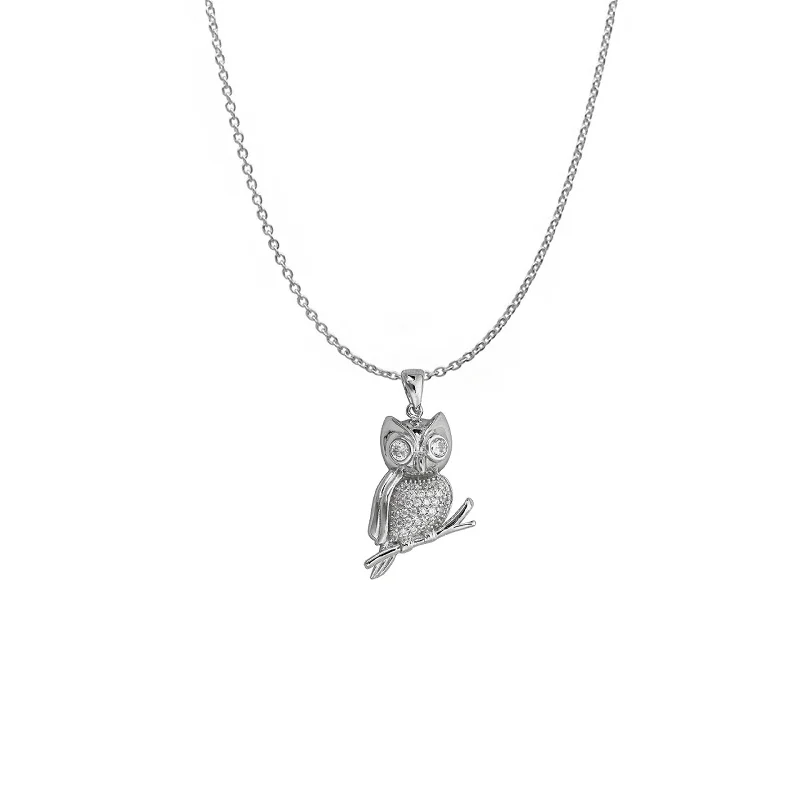 Layered Necklace with Pearls for Formal Look-Owl Necklace (Silver)