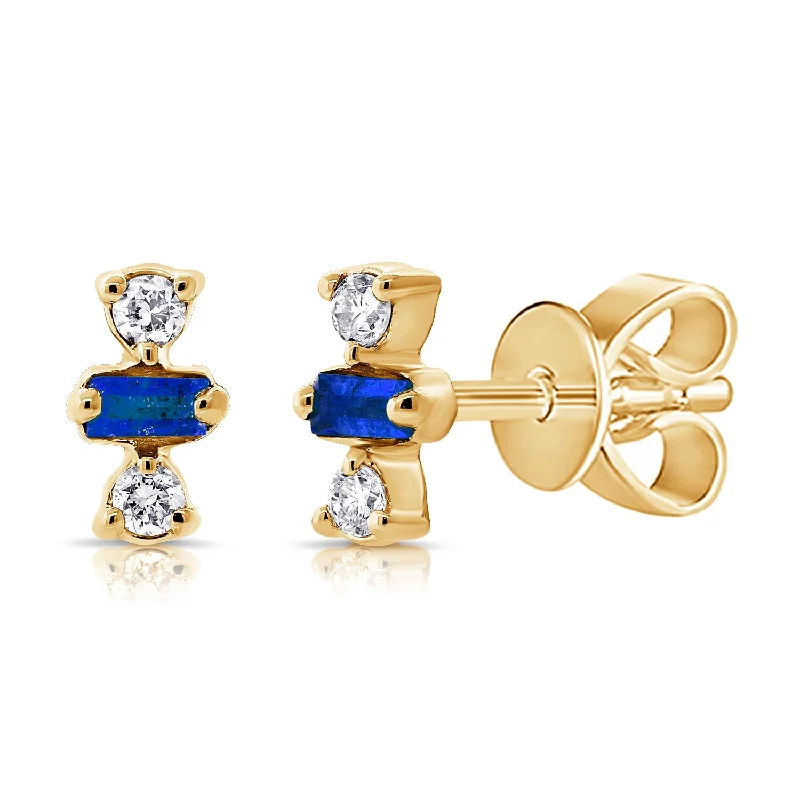 Handcrafted Gold Earrings-14K Sapphire & Diamonds Stud made in Yellow/White/Rose Gold