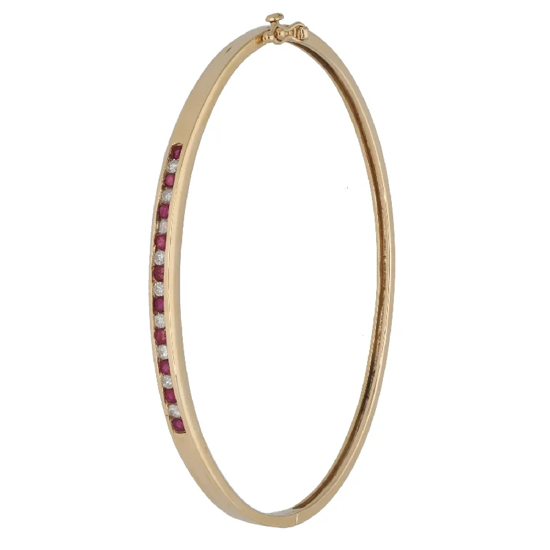 Luxury Gold Bangles with Multi-colored Gems-9ct Gold Ruby & 0.18ct Diamond Hinged/Clasp Bangle