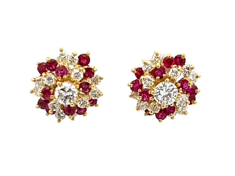 Teardrop Silver Earrings-Ruby and Diamond Flower Earrings in 14k Yellow Gold