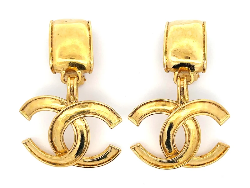 Large Hoop Earrings with Crystals-CHANEL Vintage CC Dangly Earrings