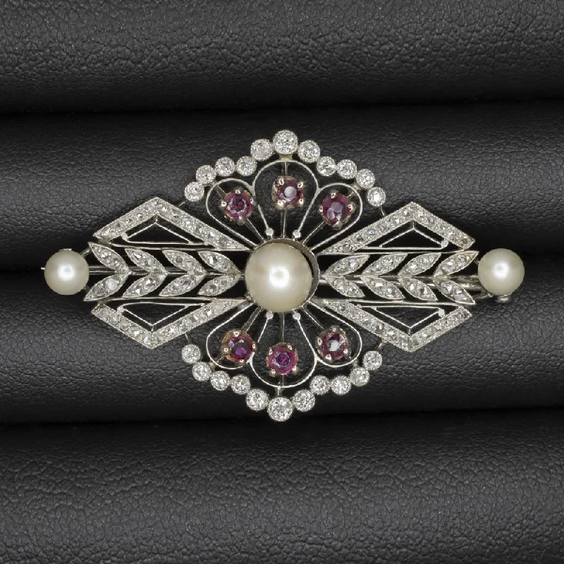 Exclusive Brooch-1.90ct VINTAGE DIAMOND PEARL RUBY PIN PLATINUM ART DECO PENDANT NATURAL BROOCH