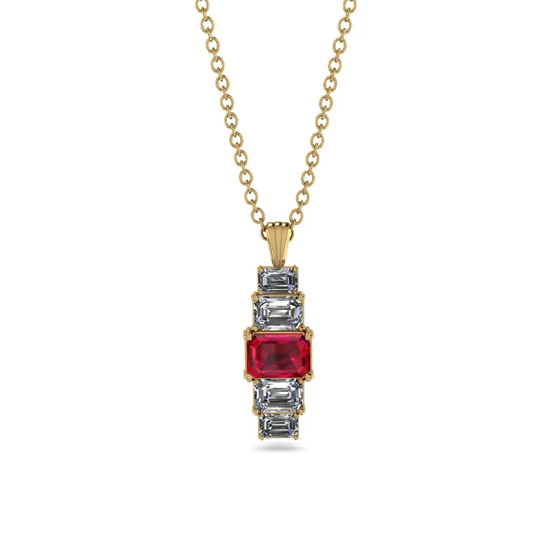 Luxury Crystal Necklace with Gold Accents-Emerald Cut Ruby Stairs Necklace - Briella No. 10