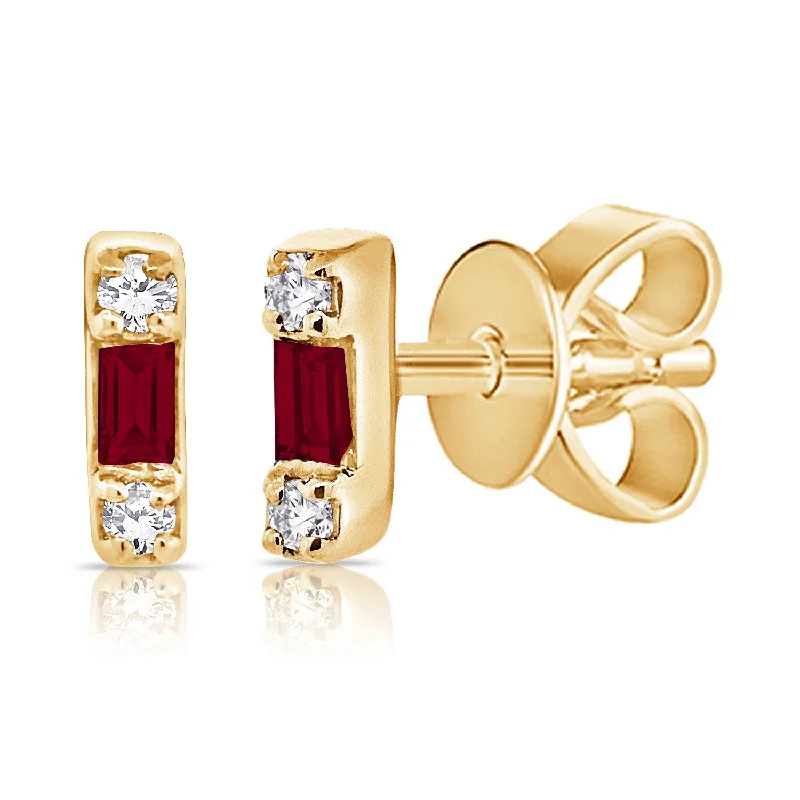 Geometric Diamond Earrings-Ruby Baguette & Diamond Stud Earrings made in 14K Gold