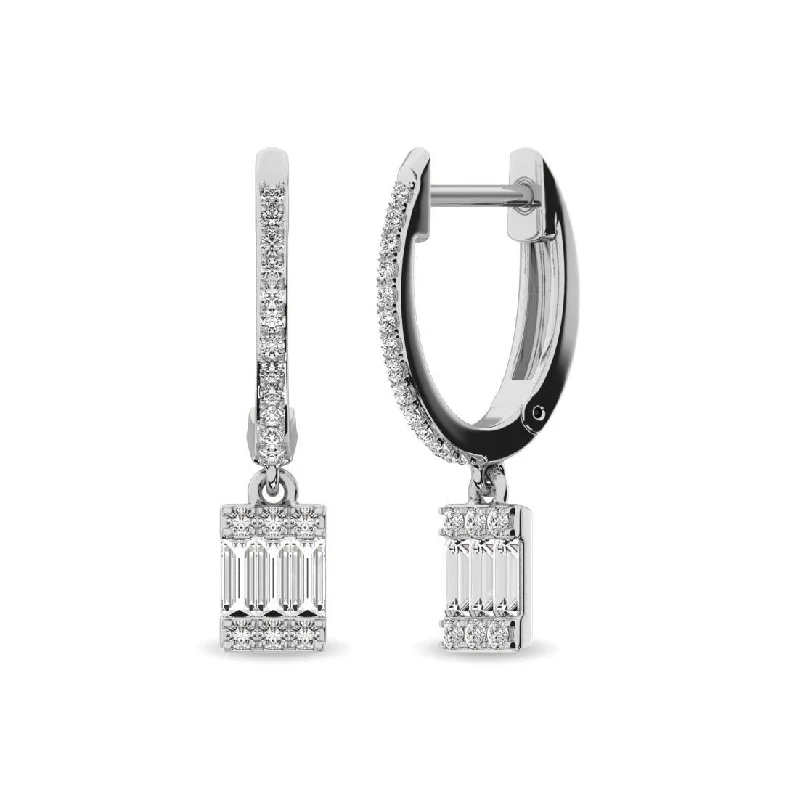 Wedding Earrings with Pearls-Diamond 1/3 Ct.Tw. Round and Baguette Hoop Earrings in 14K White Gold