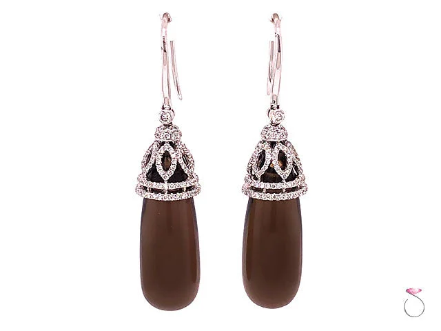 Dangle Earrings with Pearls-Diamond & Smoky Quartz Large Drop Earrings, 18K White Gold