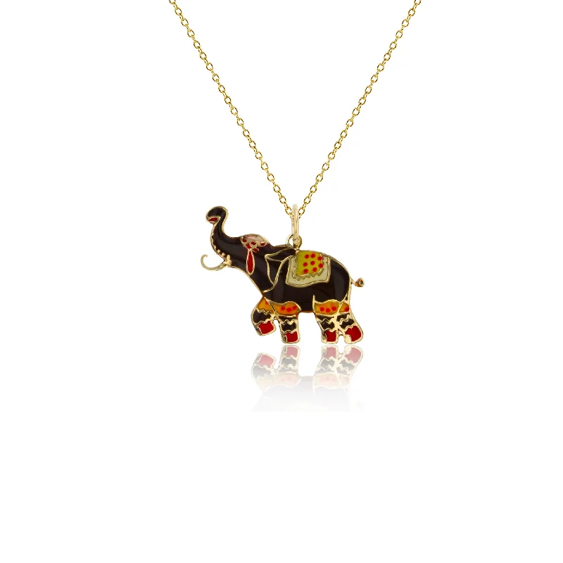 Statement Necklace with Multiple Gemstones-Black & Red Enamel Ornament Elephant Fancy Necklace (14K)