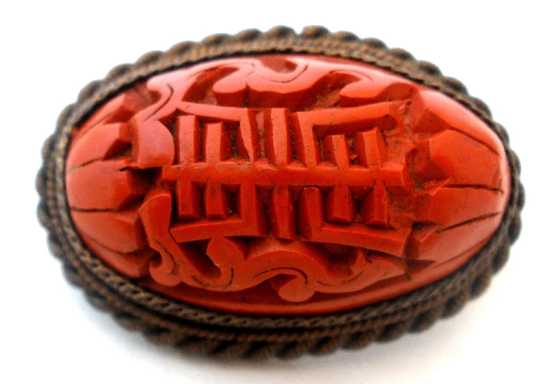 Vintage Brooch Jewelry-Vintage Chinese Export Cinnabar Brooch Pin