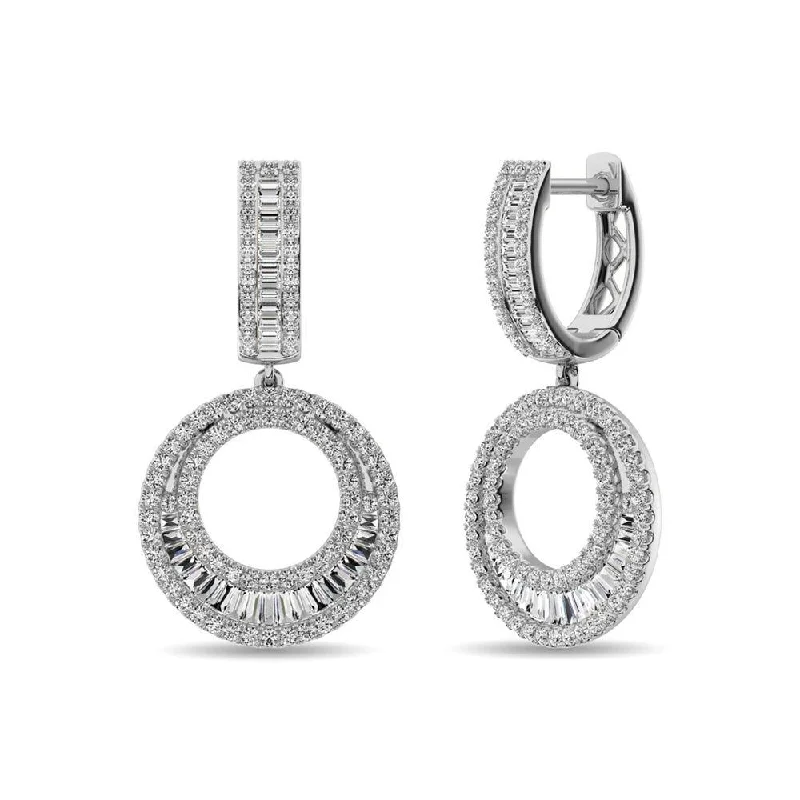 Boho Chic Earrings for Women-Diamond 1 Ct.Tw. Round and Baguette Hoop Earrings in 14K White Gold