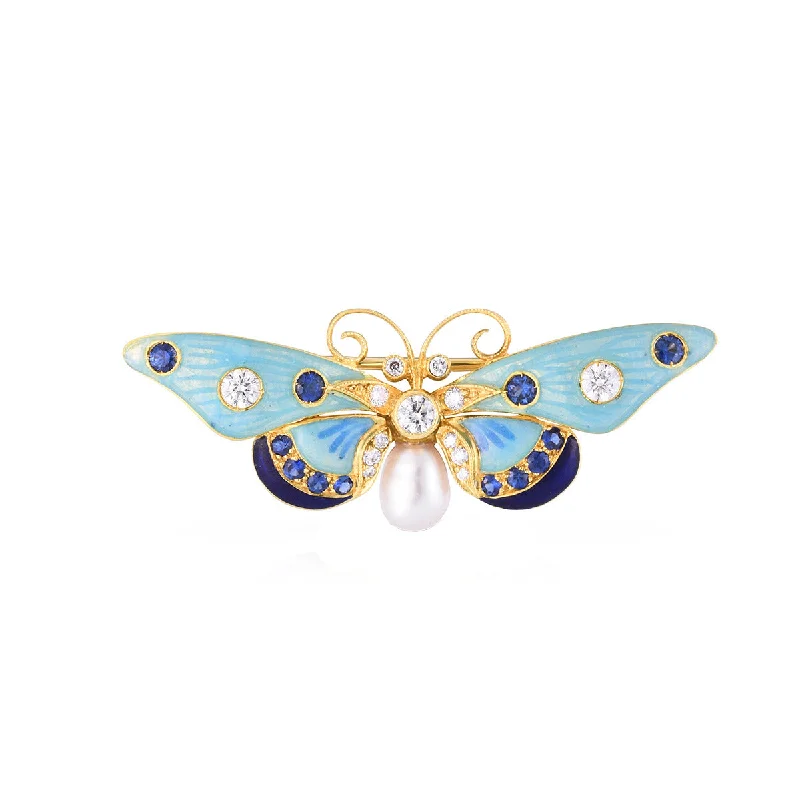 Elegant Brooch For Bridal Dresses-Baroque Pearl, Sapphire and Diamond Butterfly Brooch