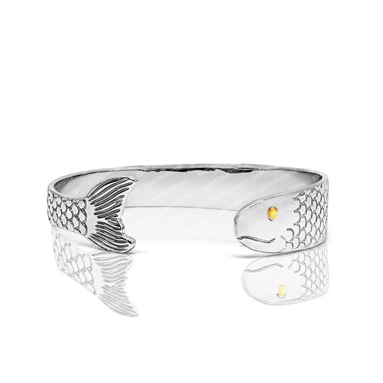 Customizable Gemstone Bracelet for Special Occasions-Men’s Wide Fish Bracelet in Sterling Silver with a 14K Yellow Gold Eye