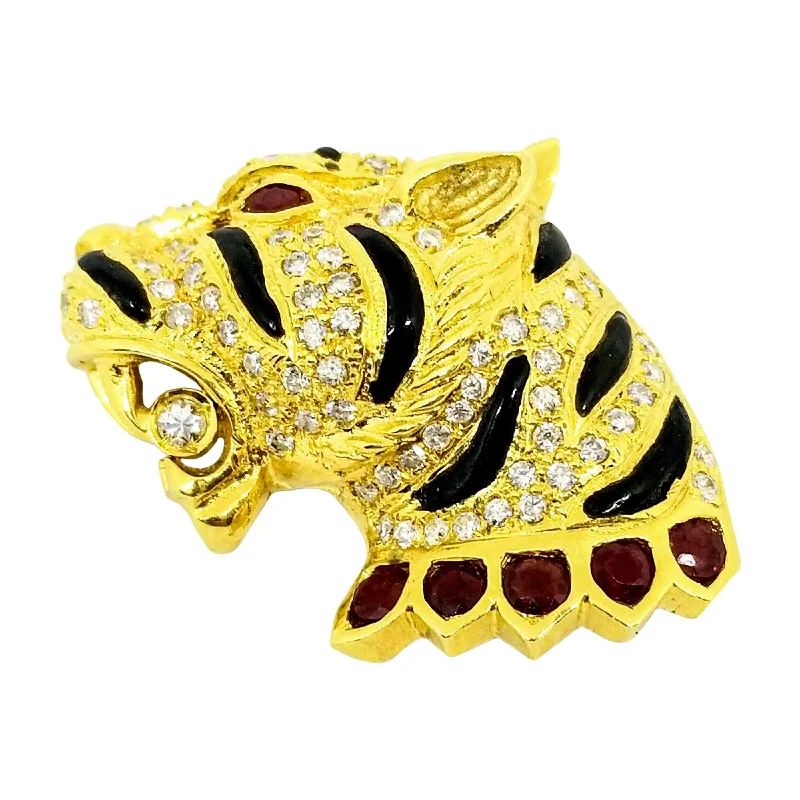 Brooch With Unique Patterns-Tiger Brooch with Diamonds and Rubies set in Yellow Gold