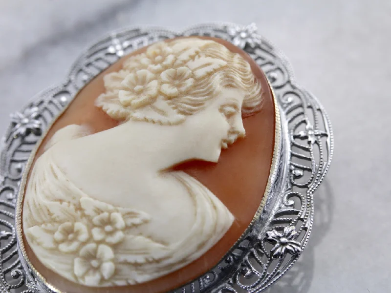 Flower Shaped Brooch-Classic White Gold Filigree Art Deco Cameo Brooch