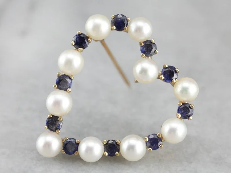 Brooch With Natural Stones-Pearl Sapphire Gold Heart Brooch